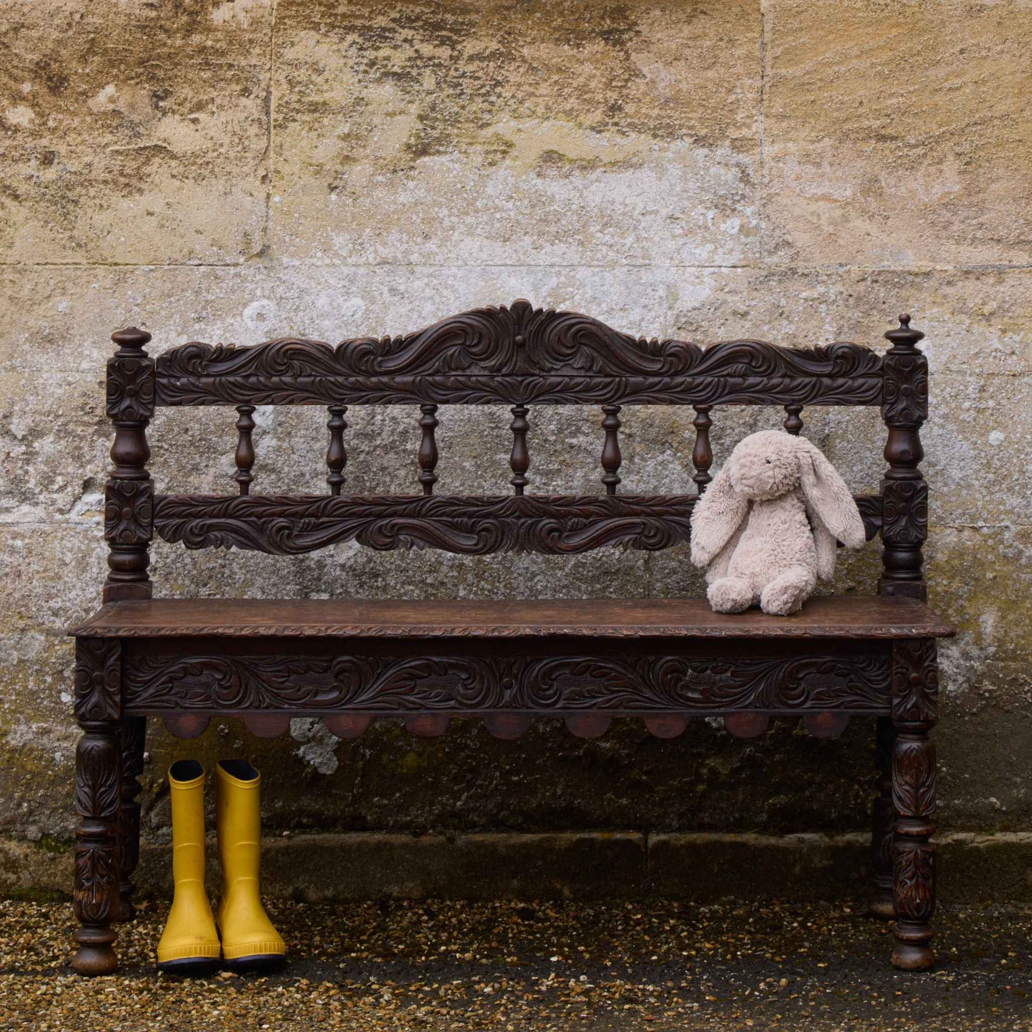 Antique Edwardian Children's Carved Oak Bench by Summerfield & Scott