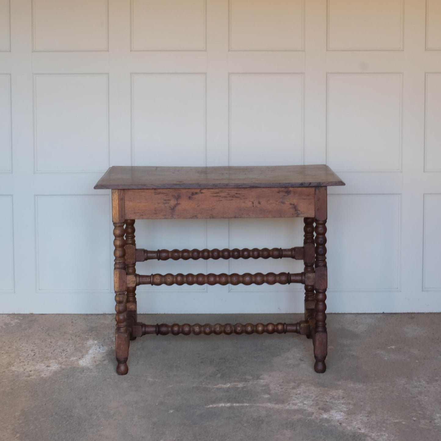 Rear view of 19th Century Antique Oak Bobbin Side Table by Summerfield & Scott
